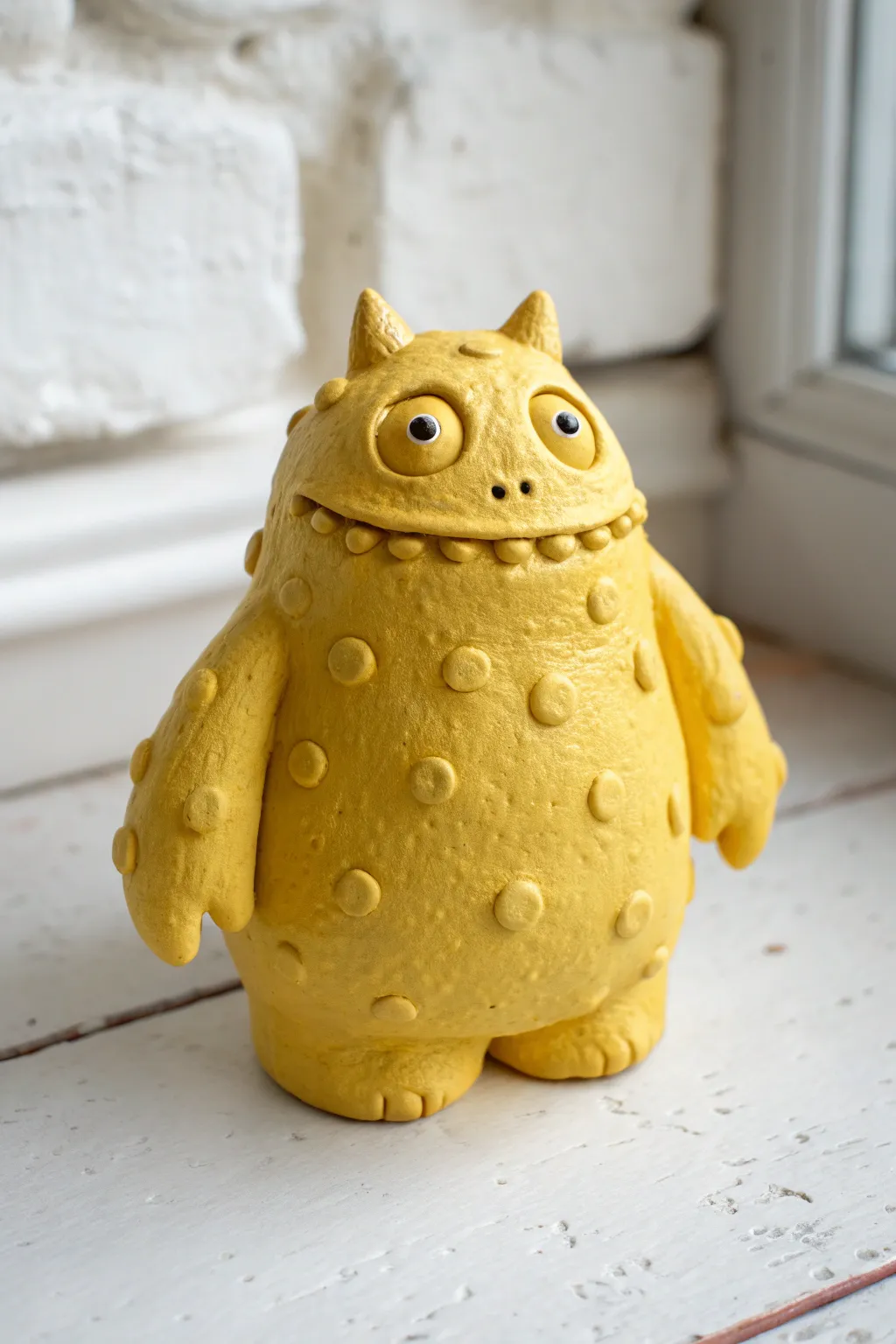 Sunny yellow pinch pot monster with warty bumps and dotted pores, simple and charming.