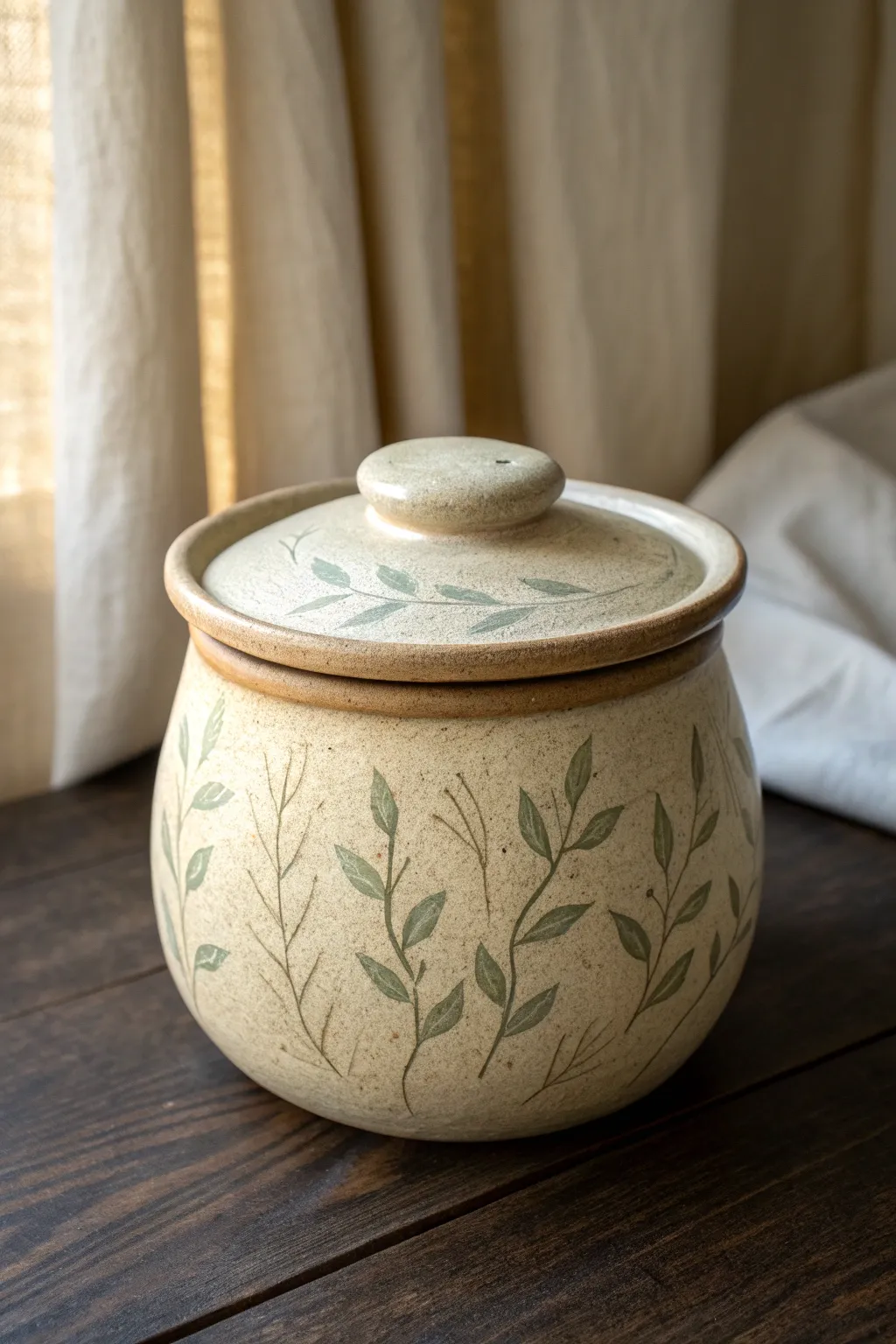 Soft leaf-impressed pinch pot jar with matching lid, calm neutrals, handcrafted and serene.