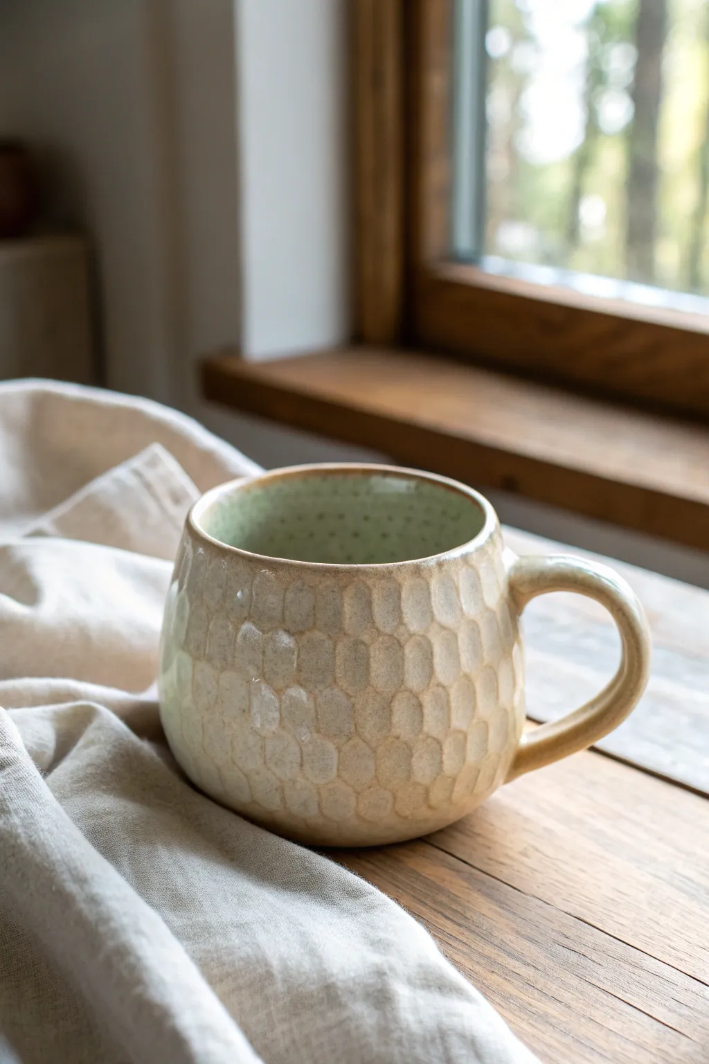 Fingerprint-textured pinch pot mug with a thin translucent glaze that highlights every dimple