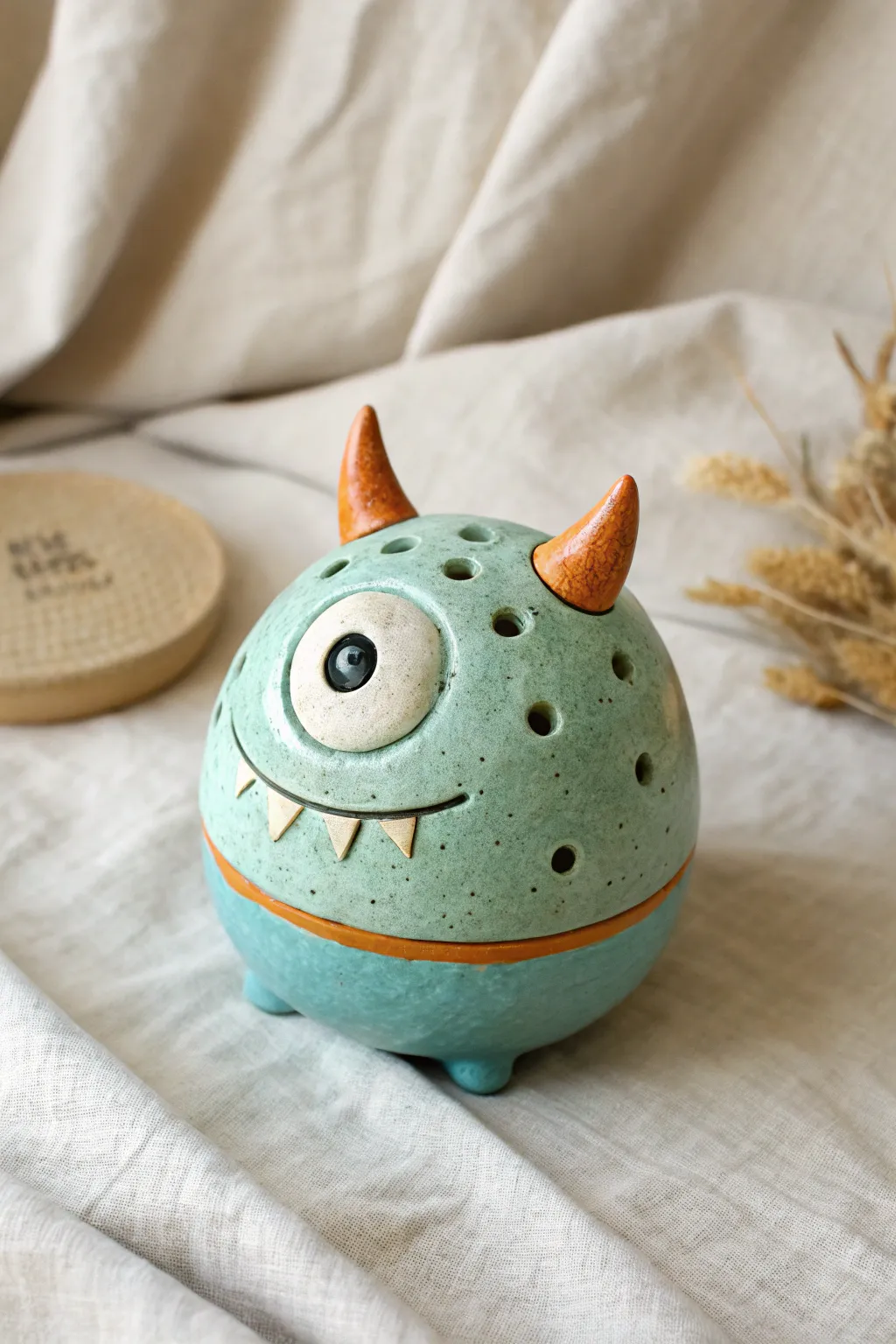 Goofy one-eyed monster pinch pot rattle in playful pastels on a calm Scandinavian boho backdrop.
