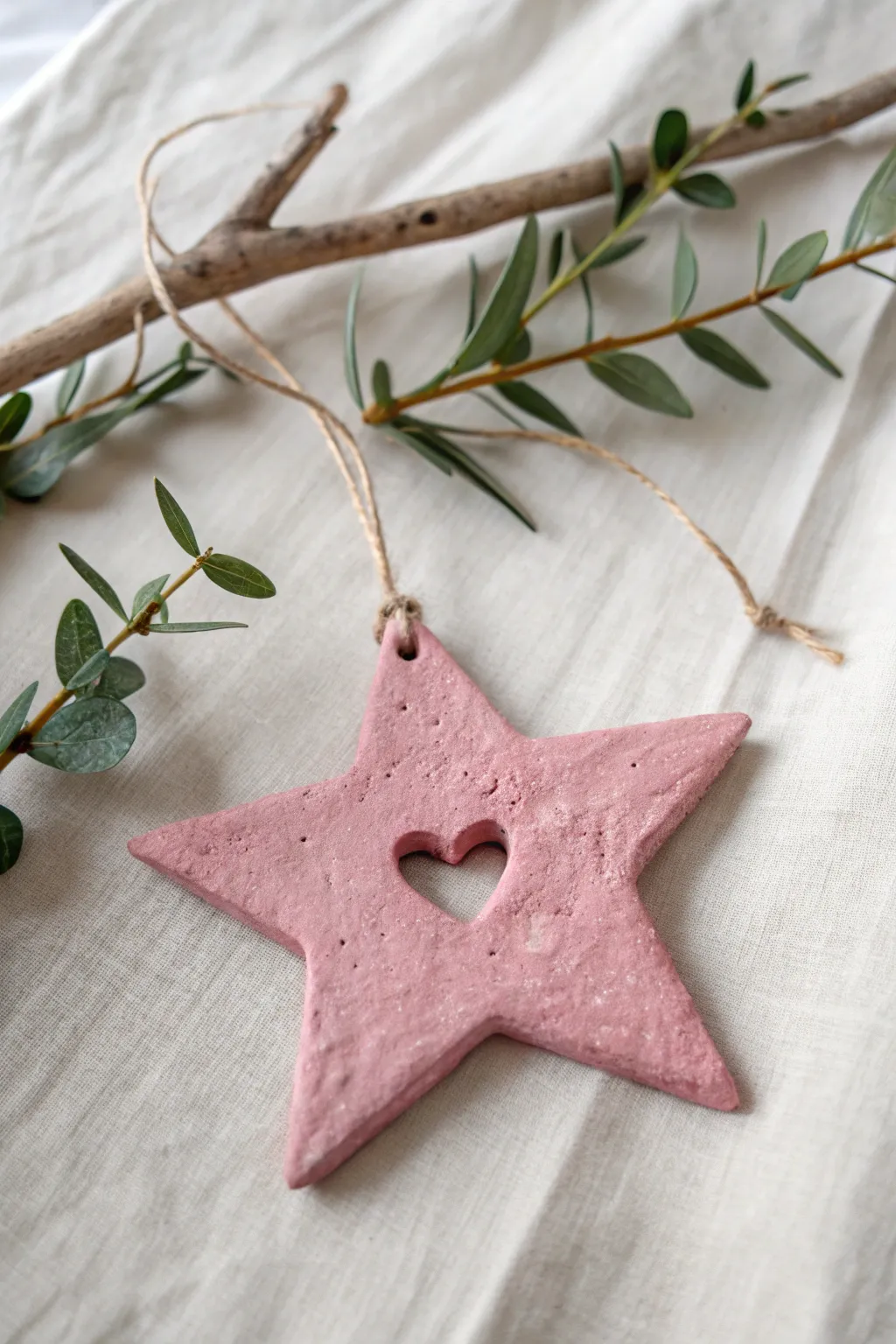 Minimal pink star ornament with heart cutout, hung on a simple branch for a soft modern look