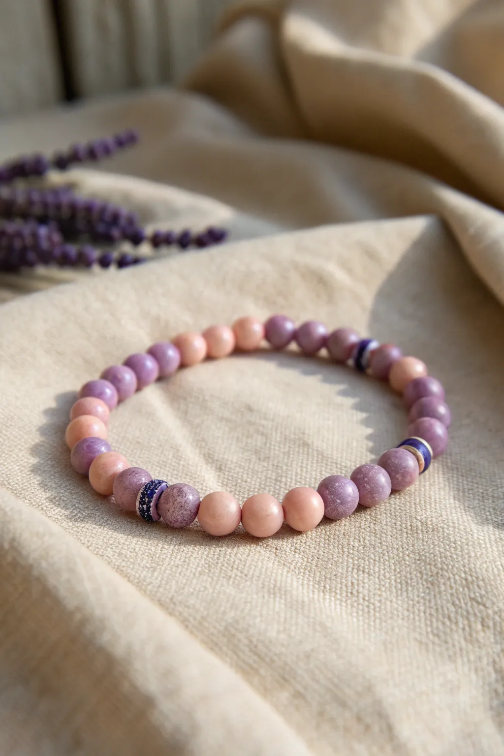 Simple 2-and-2 stripe rhythm bracelet in pink and purple, a sweet minimalist boho pattern.