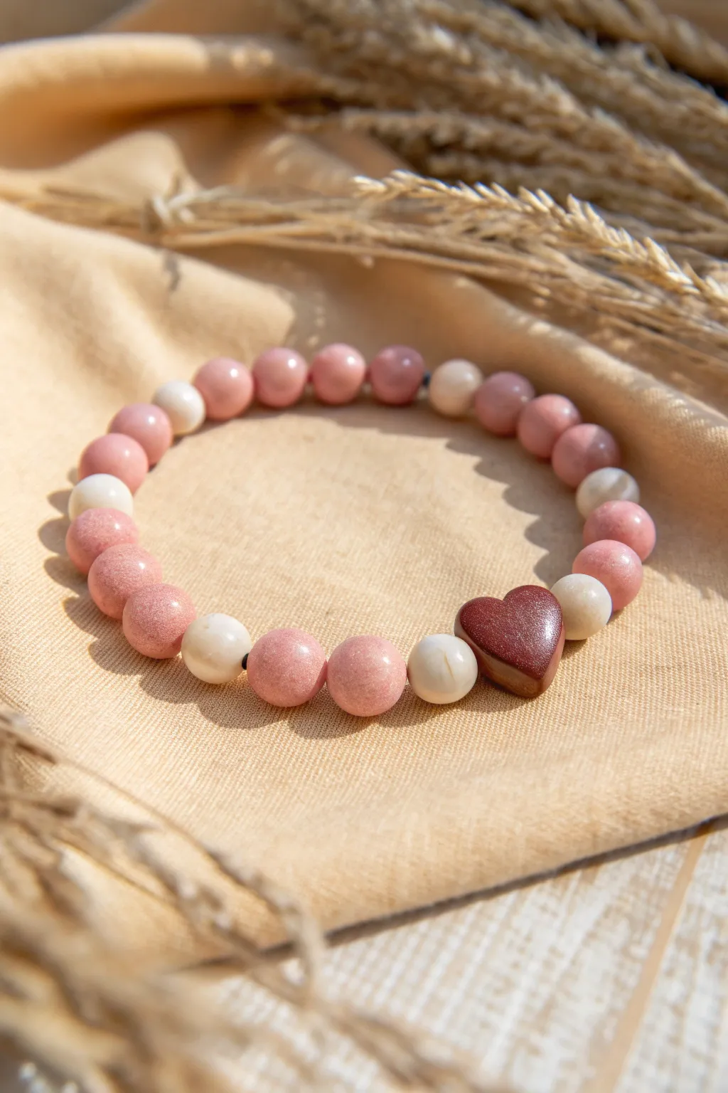 Heart focal bead framed by blush pink halo beads, a sweet minimalist clay bracelet idea.