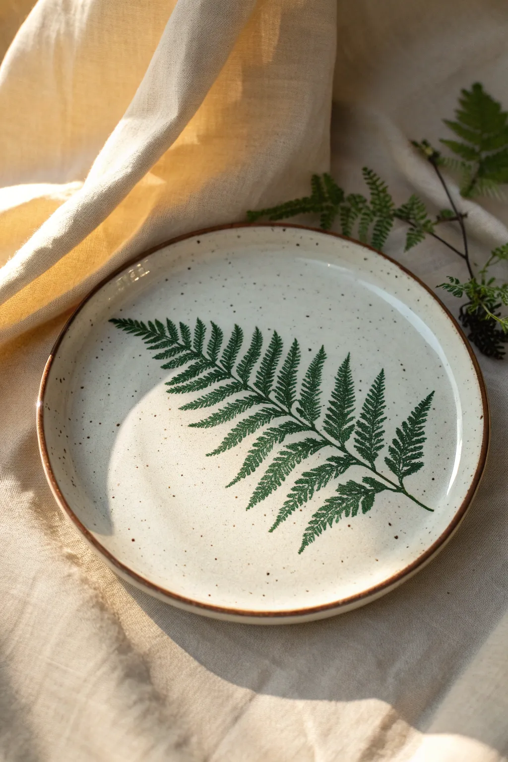 Vintage botanical decal transfer on a handmade plate, simple border for timeless charm.