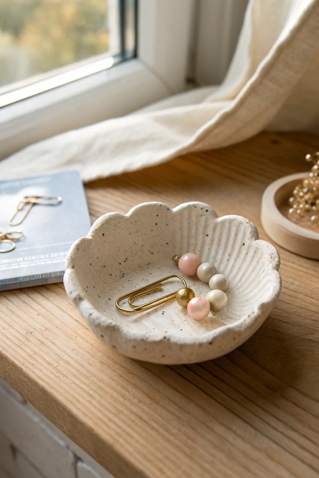 Tiny play clay trinket dish with beads and paper clips for scale in a calm minimalist style