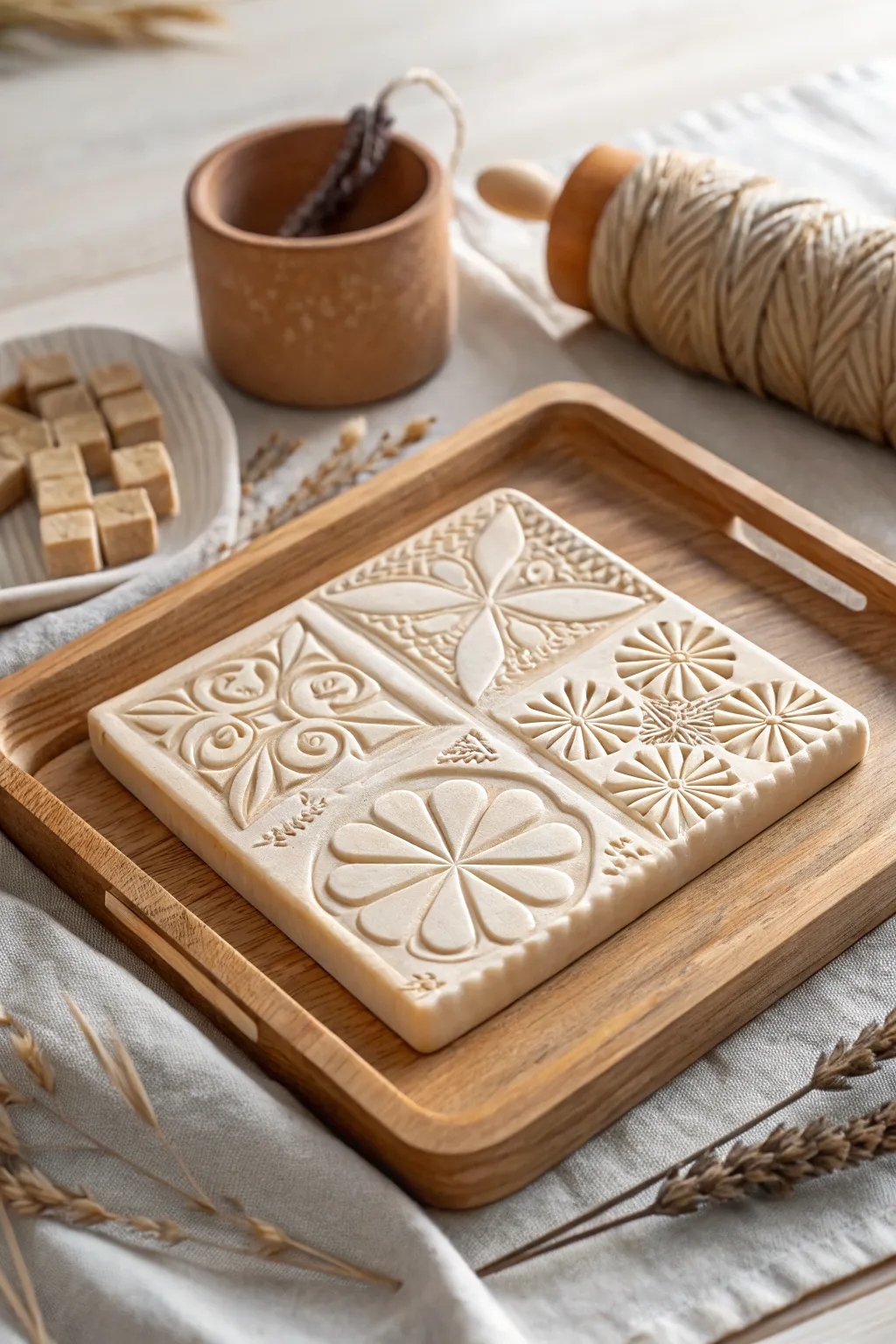 Scandinavian playdough texture tile with crisp stamped patterns for a sensory station