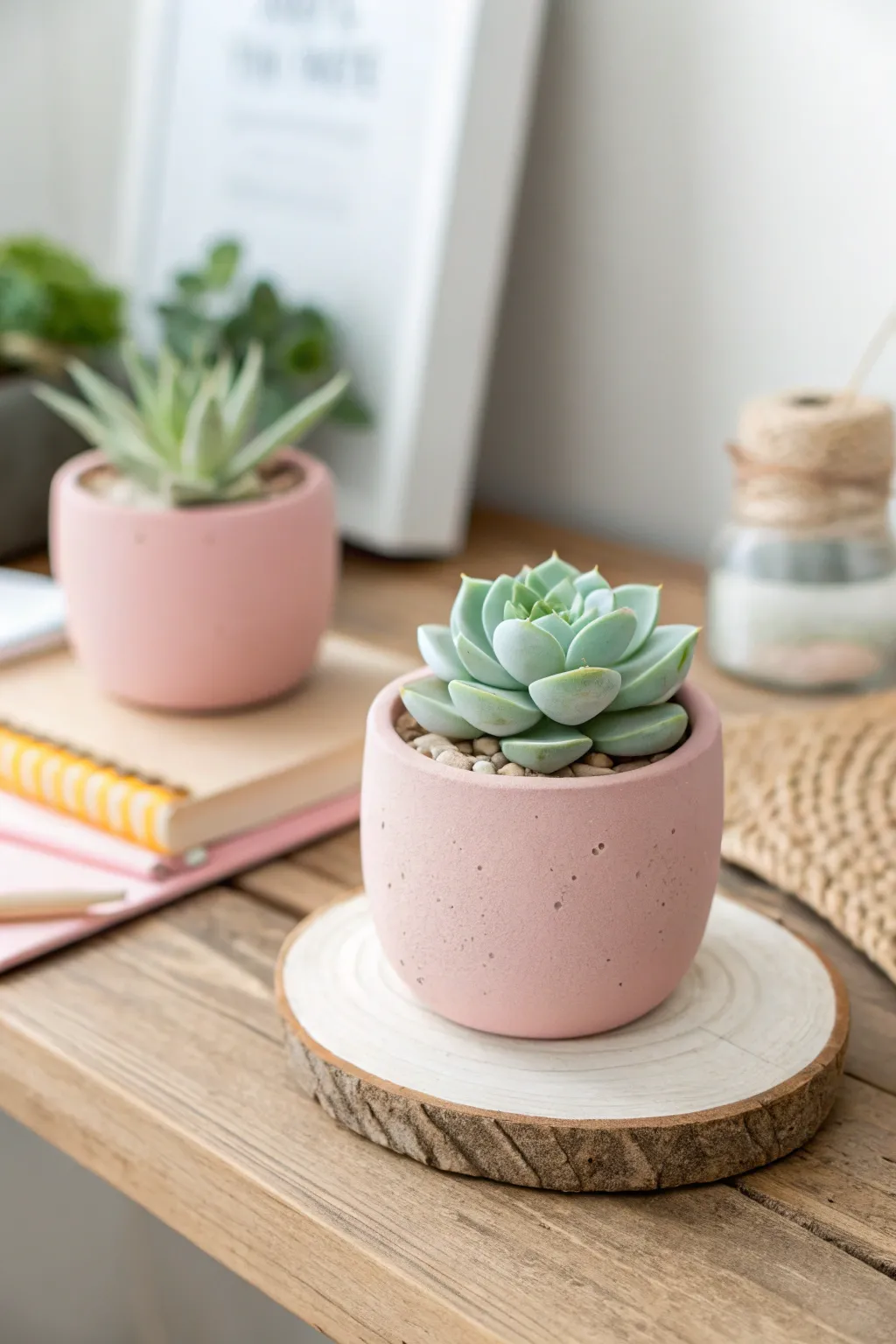 Mini polymer clay succulent pot for your desk, Scandinavian minimal with a warm boho glow.