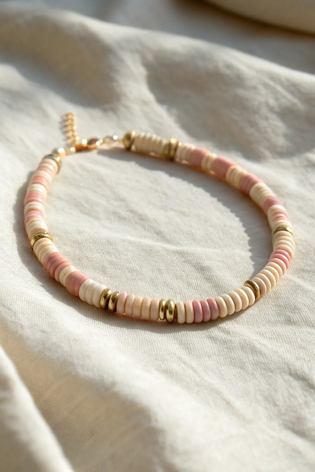 Soft pastel heishi bracelet with brushed gold spacers repeating every five beads for a clean rhythm.