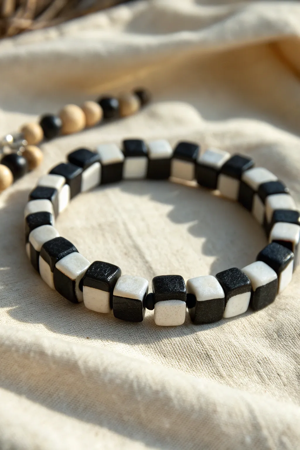 Minimal black and white checkerboard polymer clay bracelet for modern, cozy handmade style.