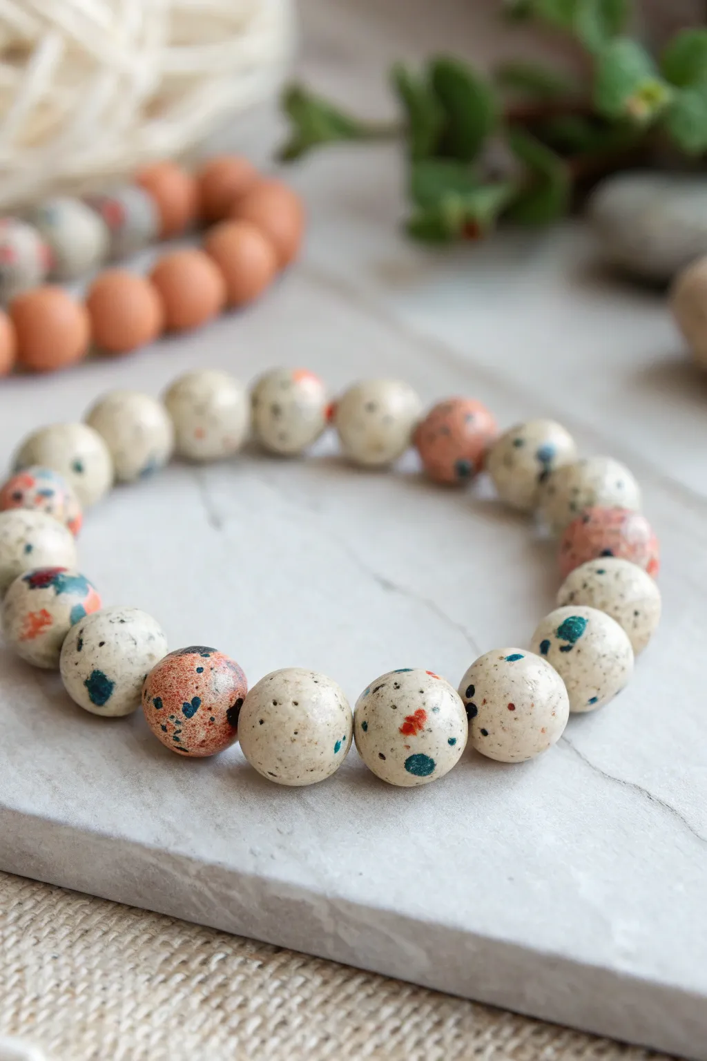 Terrazzo-style polymer clay scrap beads in a simple bracelet, neutral base with confetti speckles.