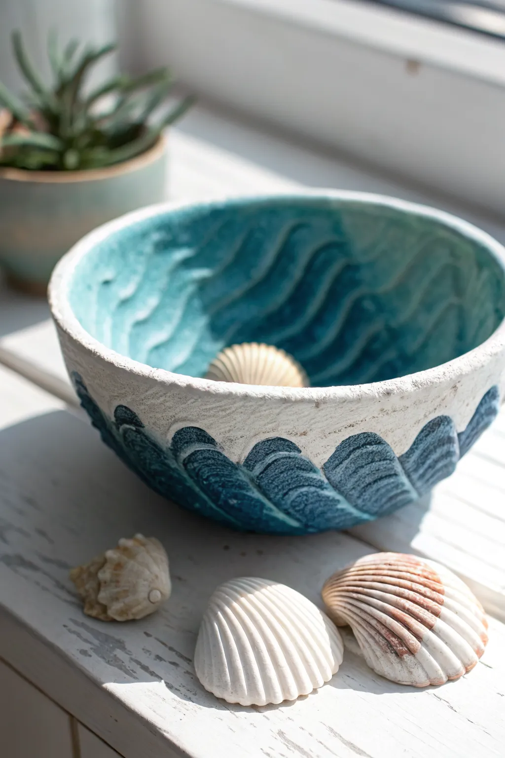 Ocean wave polymer clay bowl in calming blues, minimal coastal styling with soft light and contrast.