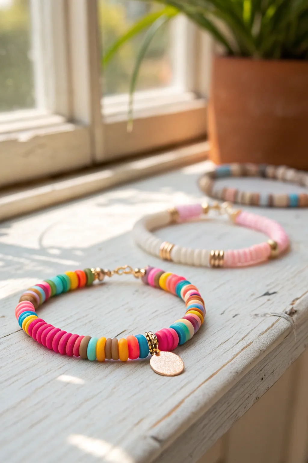 Confetti mix polymer clay bracelet with solid and ombre companions for playful contrast.