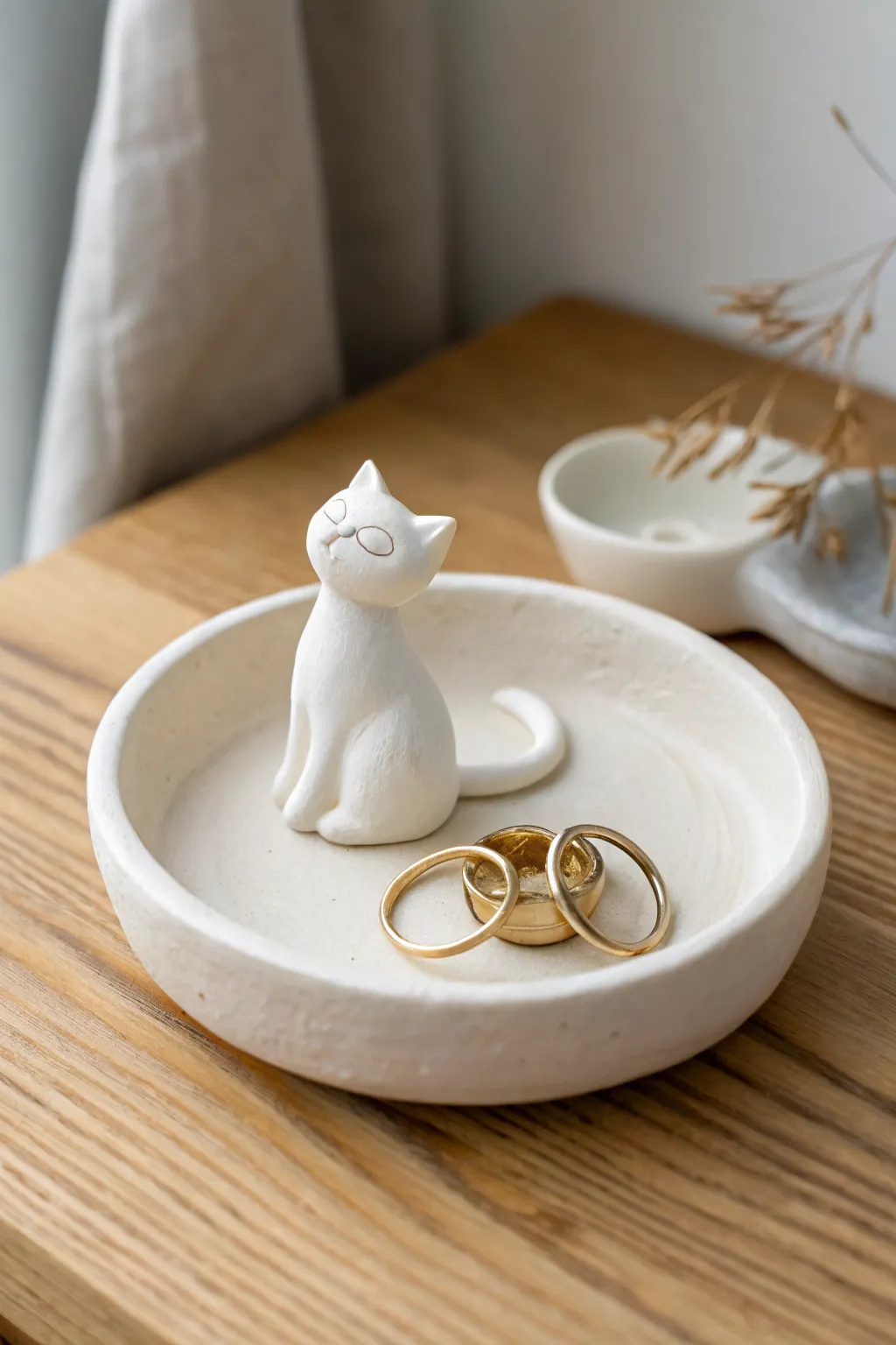 Tiny polymer clay cat tray with curled tail ring holder, Scandinavian boho minimal decor