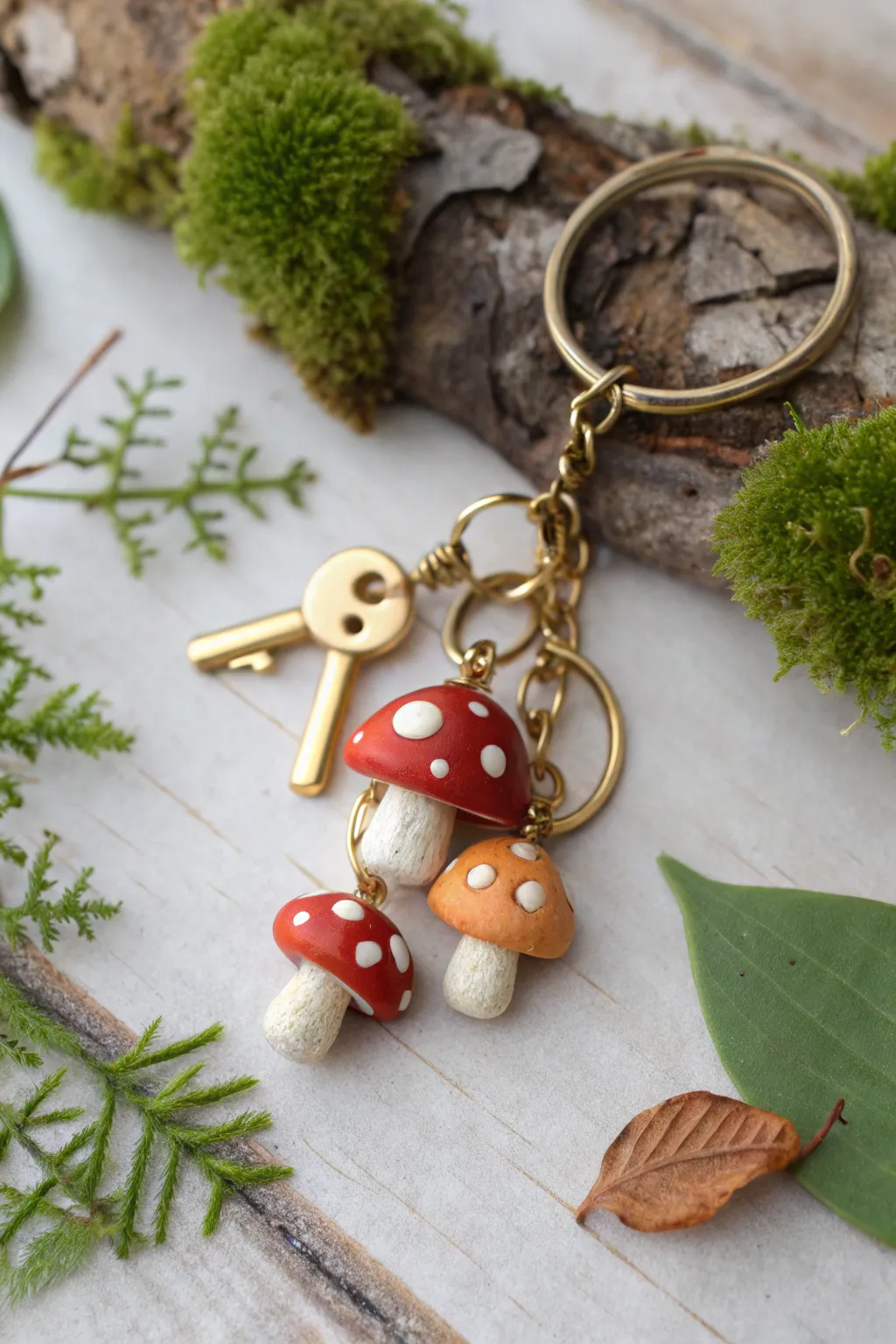 Cozy polymer clay mushroom and toadstool charm keyring in earthy tones with clear gold hardware