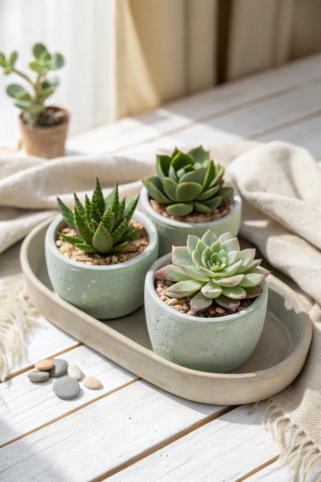 Mini polymer clay succulent pots in soft greens, a sweet minimalist plant family for any shelf