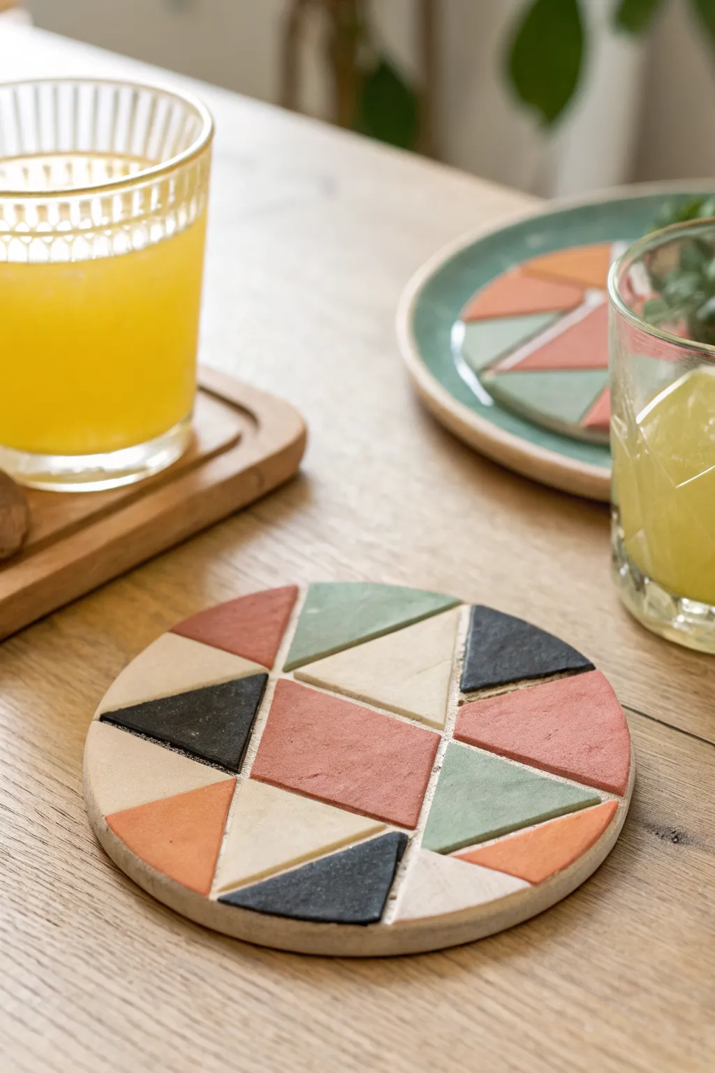 Bold color-blocked polymer clay coaster with clean geometric lines, modern and boho-chic.