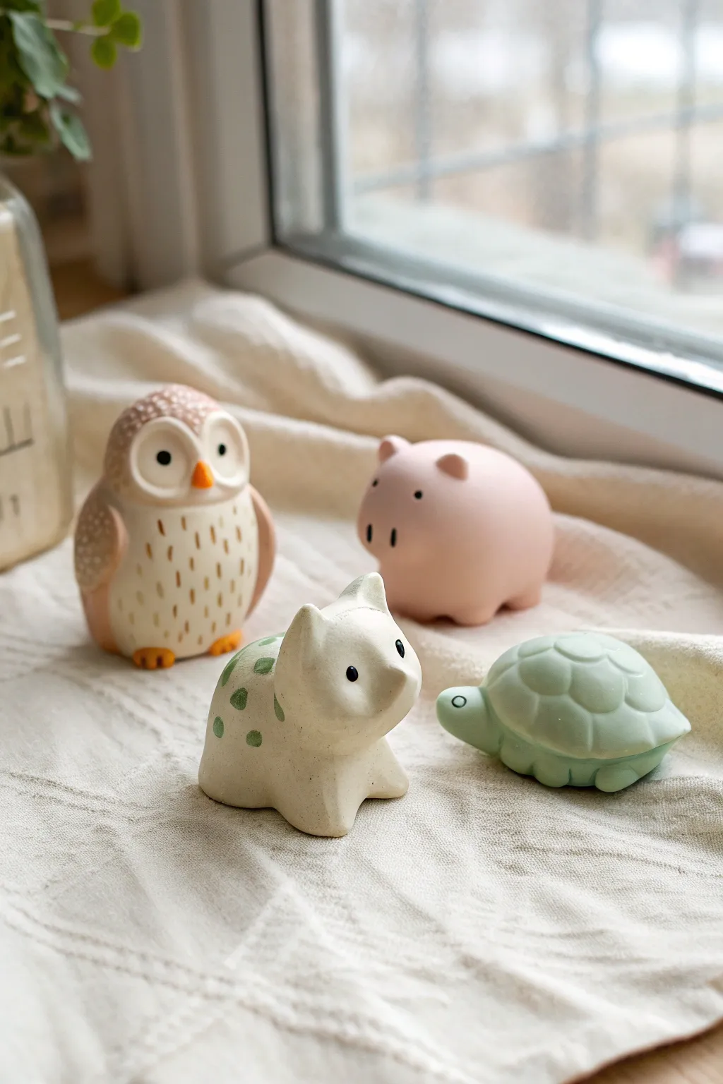 Pocket-size polymer clay animals with simple shapes and pastel charm for a minimalist desk accent.