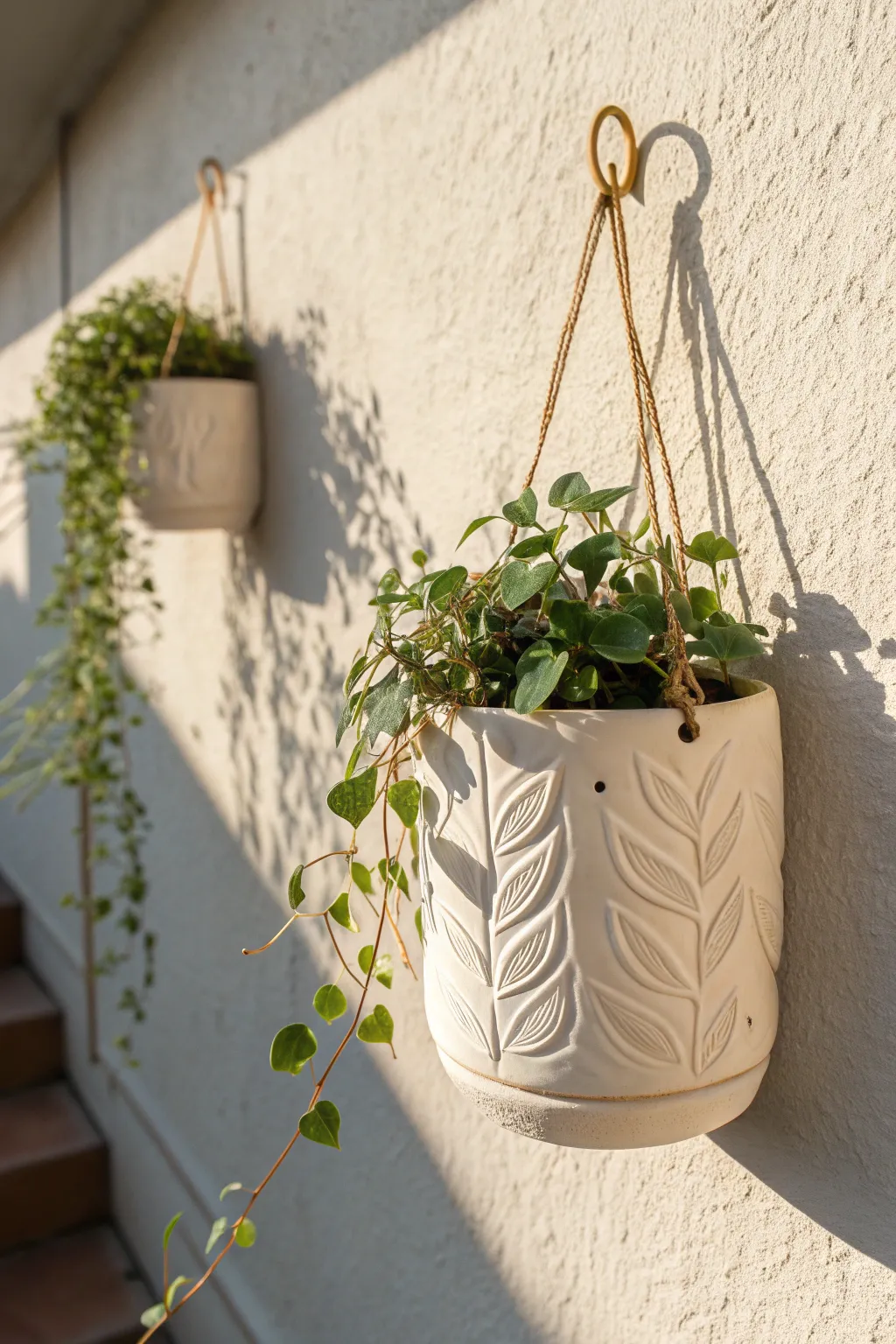 Minimal wall-mounted polymer clay planter with leafy relief and a soft trailing vine.