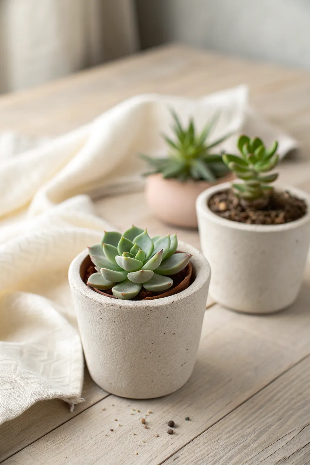 Tiny polymer clay succulent pot with sweet plant minis, minimalist Nordic-boho decor inspiration.