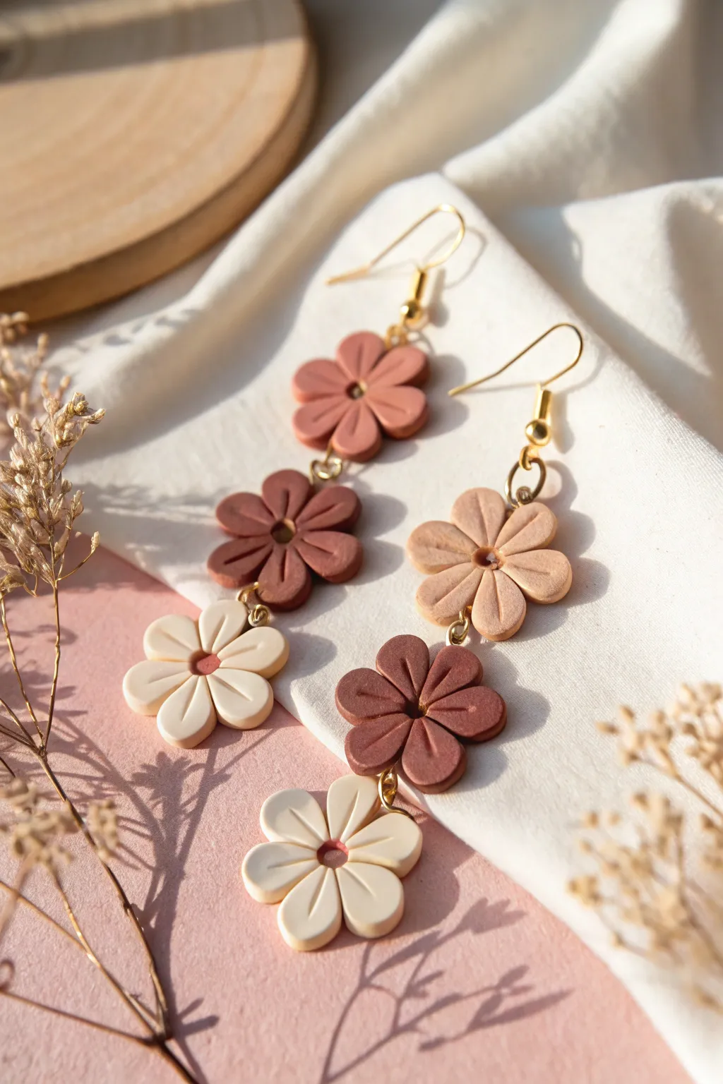 Layered petal dangles in dusty rose and ivory, a soft floral statement with boho charm.