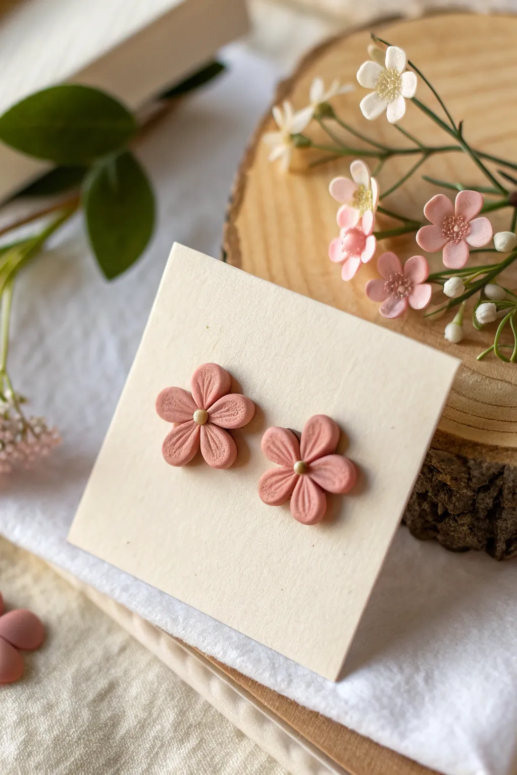 Tiny flower stud pair in soft clay tones, minimalist and sweet for easy beginner earrings.