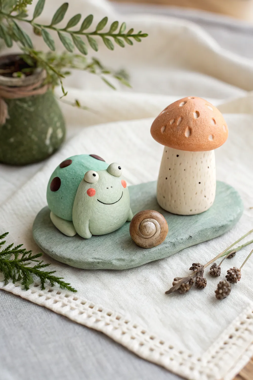 Cute polymer clay frog and snail fairy garden friends, minimalist boho style for tiny worlds.