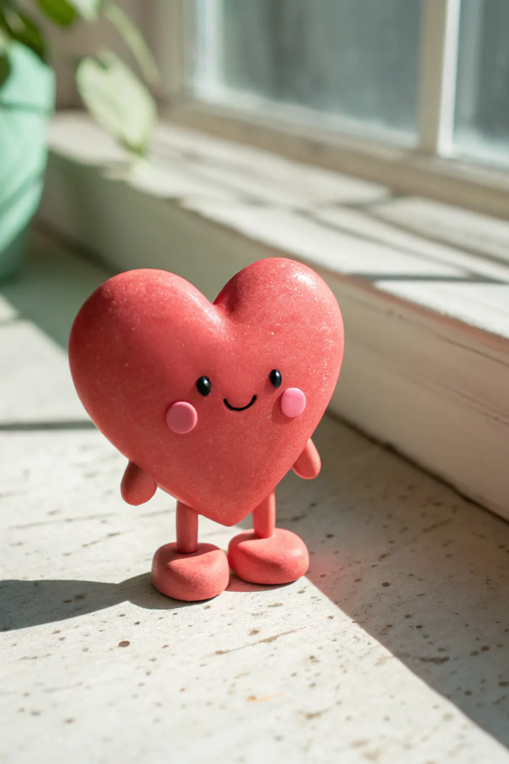 Sweet polymer clay Valentine heart character figure in pastel minimal Scandinavian styling.