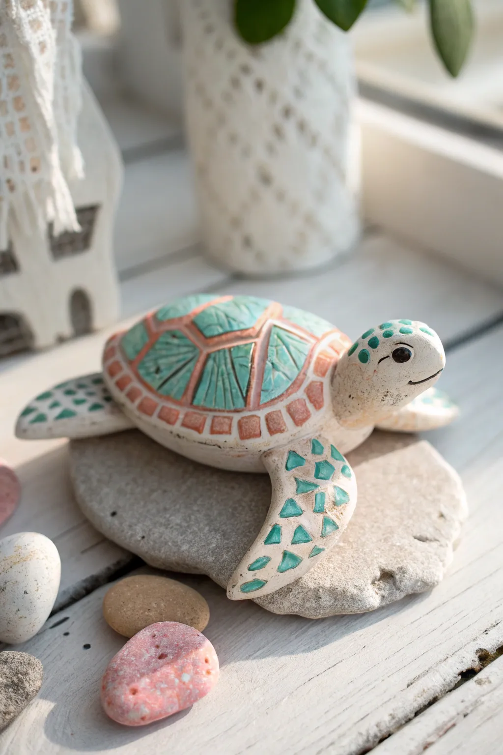 Beachy polymer clay sea turtle with coral base, minimal details, bright light, handmade charm
