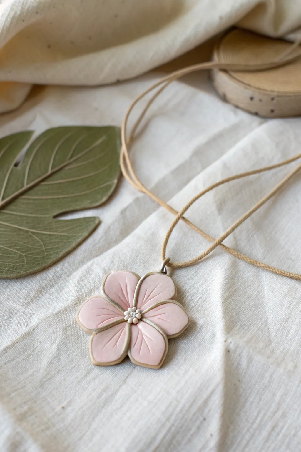 Blush polymer clay flower pendant with a sage leaf backing, simple cord, and airy minimal style.