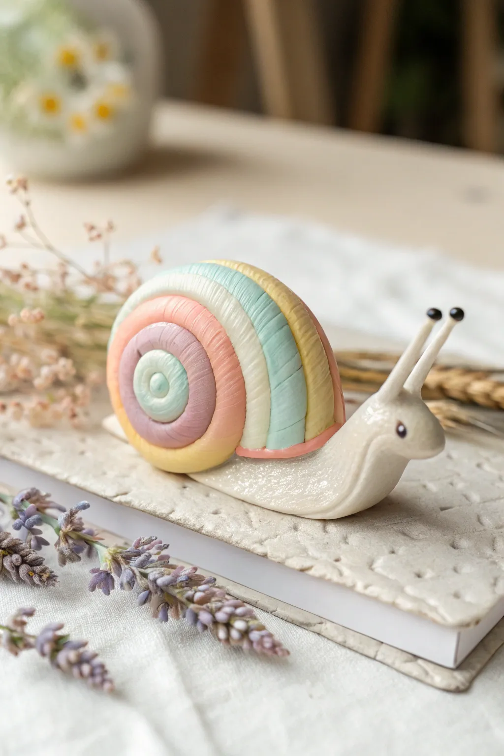 Glossy polymer clay snail with a rainbow swirl shell on a clean minimalist background