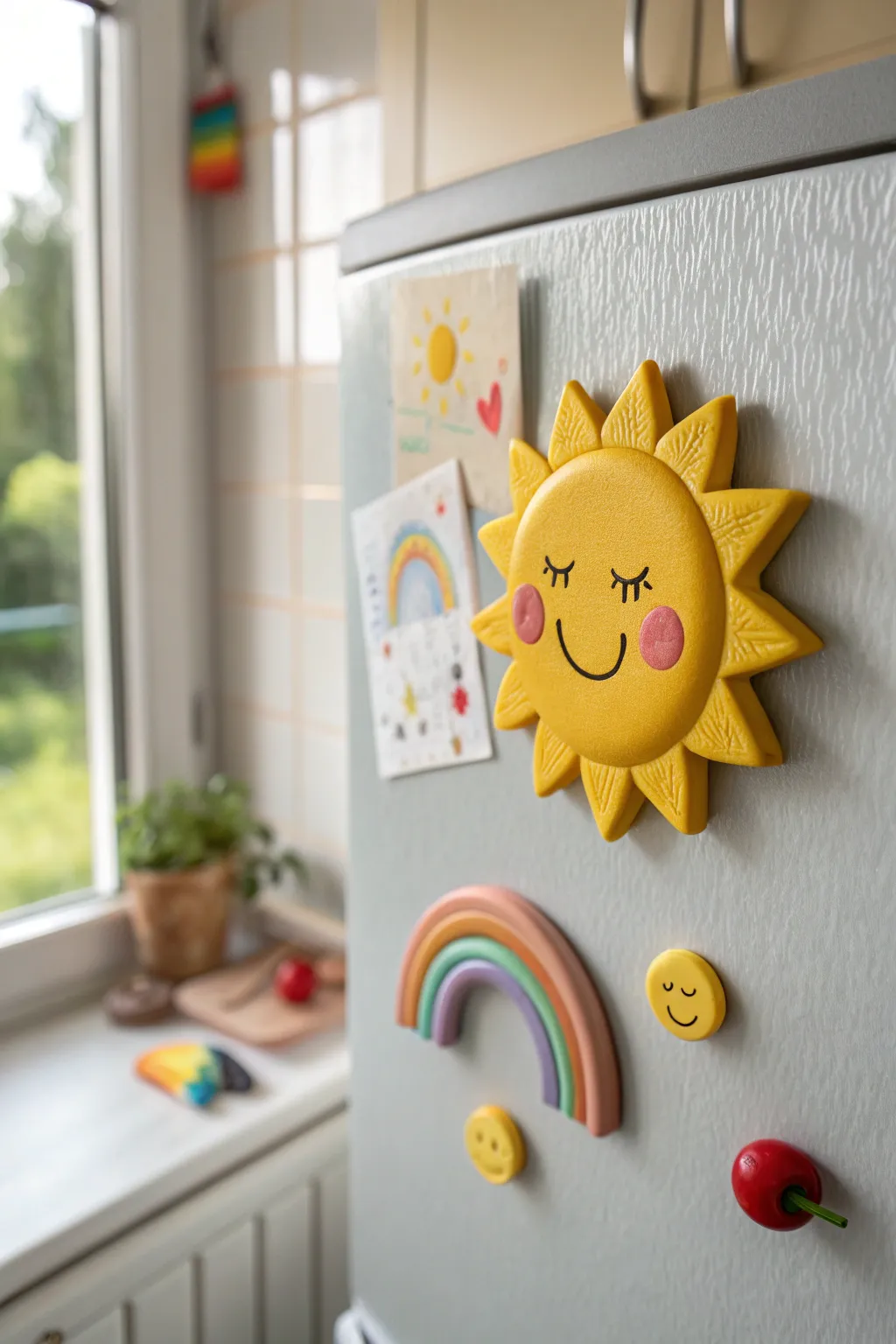 Bright handmade polymer clay magnets bring sunny Scandinavian minimalism to fridges and lockers.