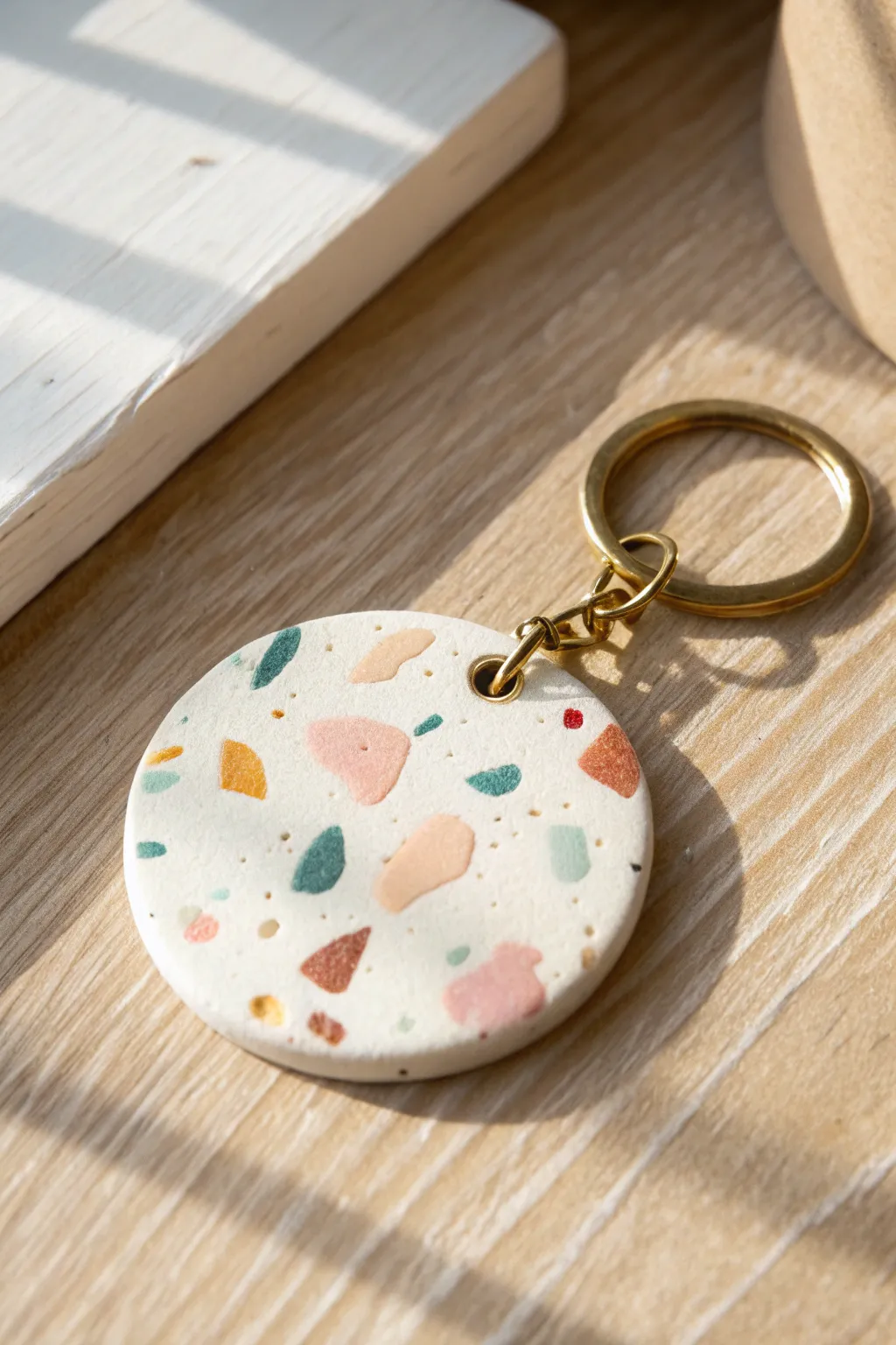 Minimal terrazzo polymer clay keychain in soft pastels on light wood, simple and beginner friendly