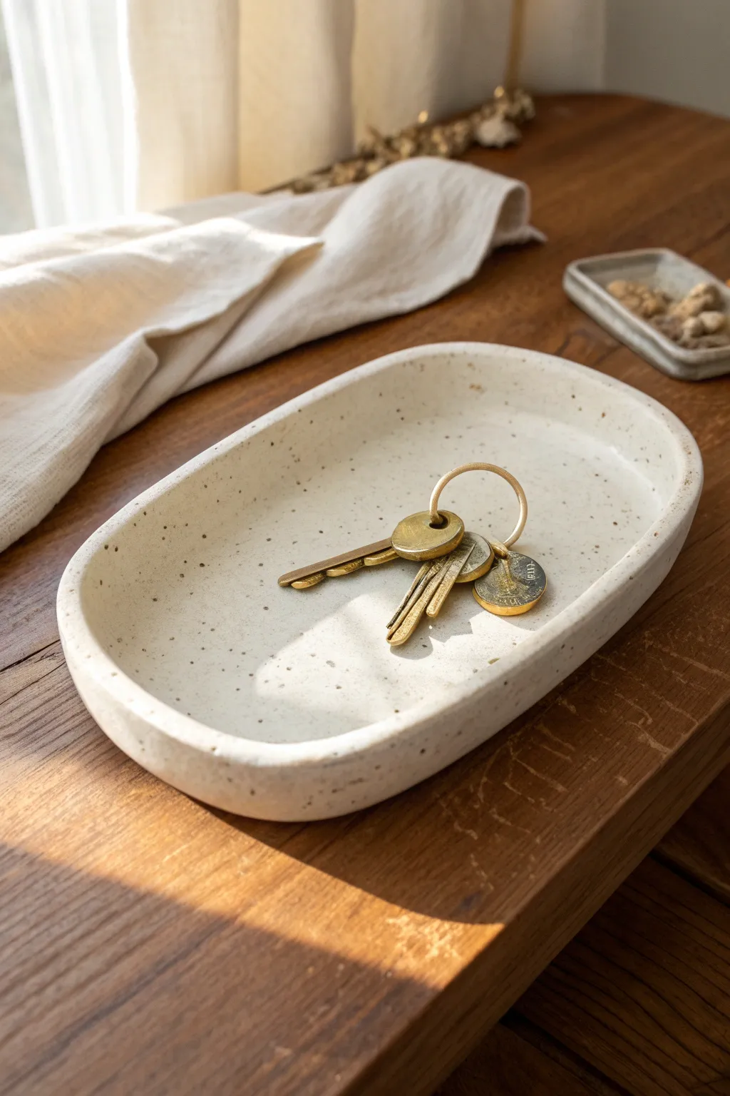 Modern polymer clay catch-all tray with raised details, styled with keys and lip balm