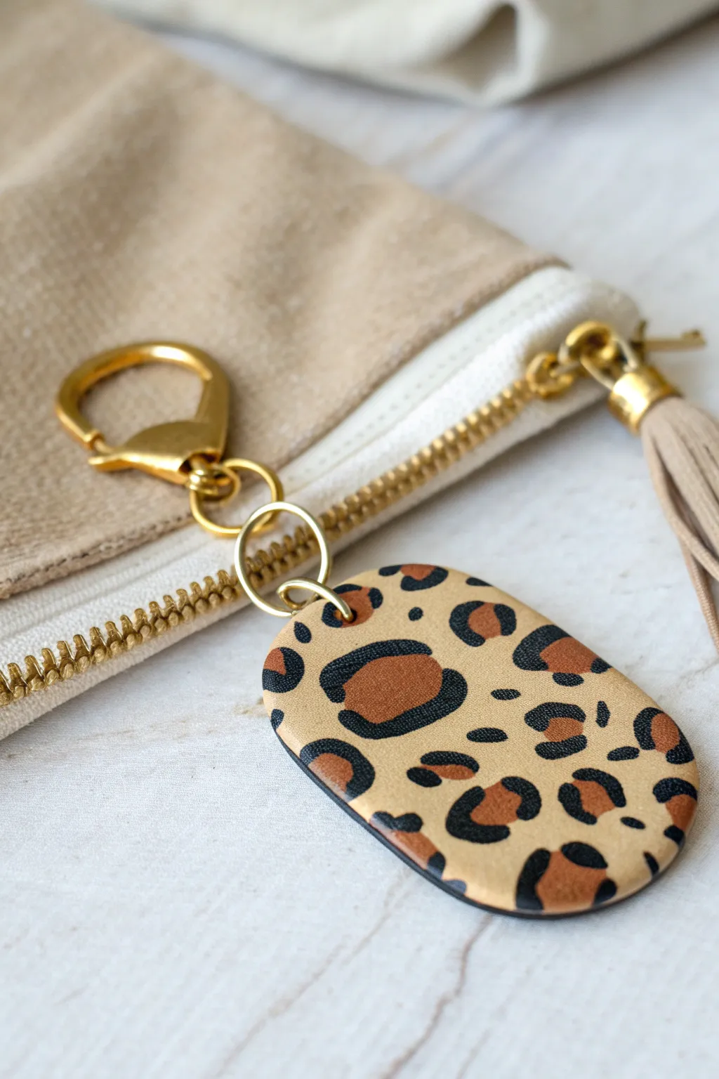Warm neutral leopard print polymer clay keychain, minimalist style with a soft boho touch.