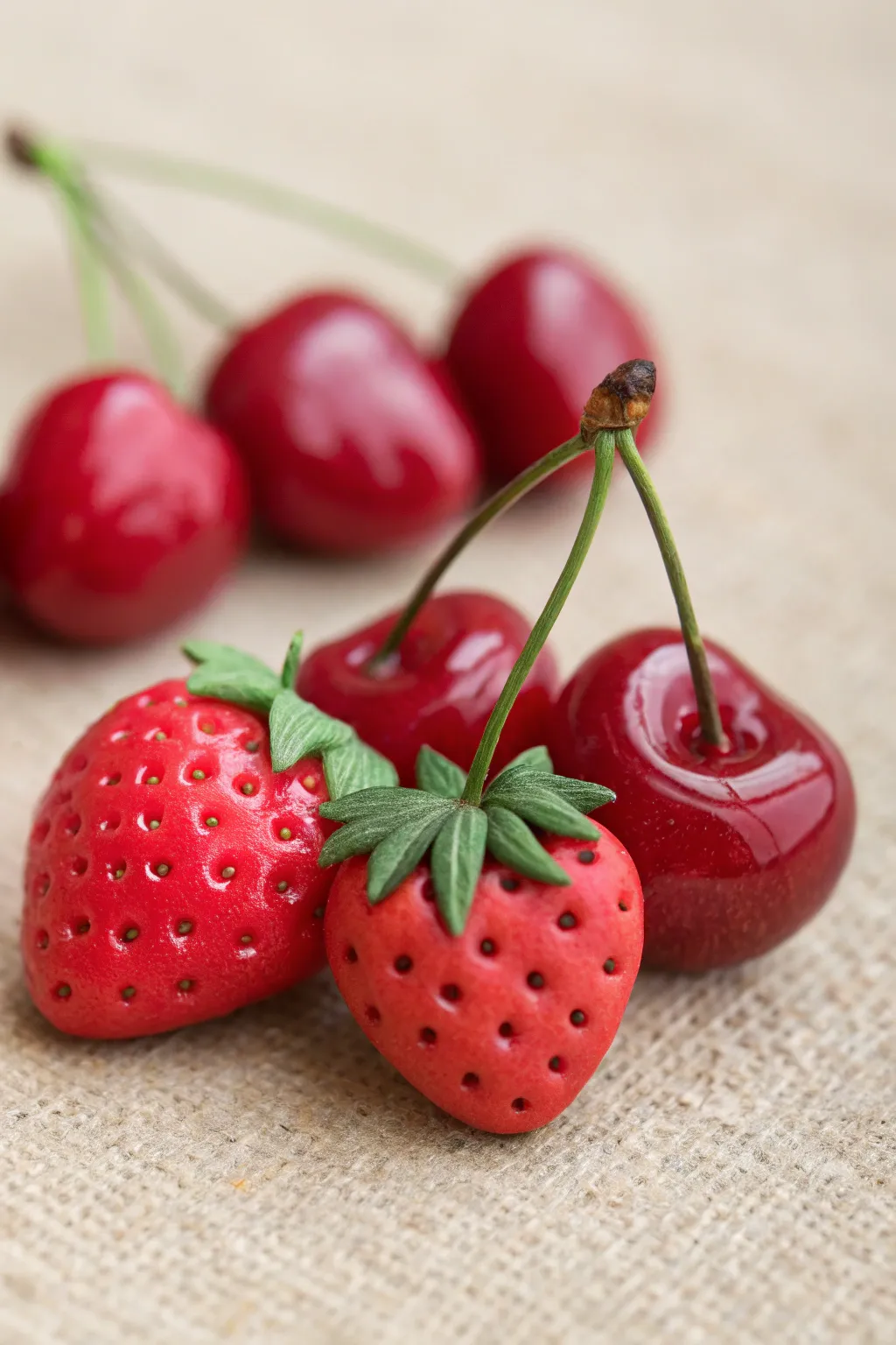 Mini strawberry and cherry polymer clay magnets, glossy and bright on a clean Scandinavian backdrop.
