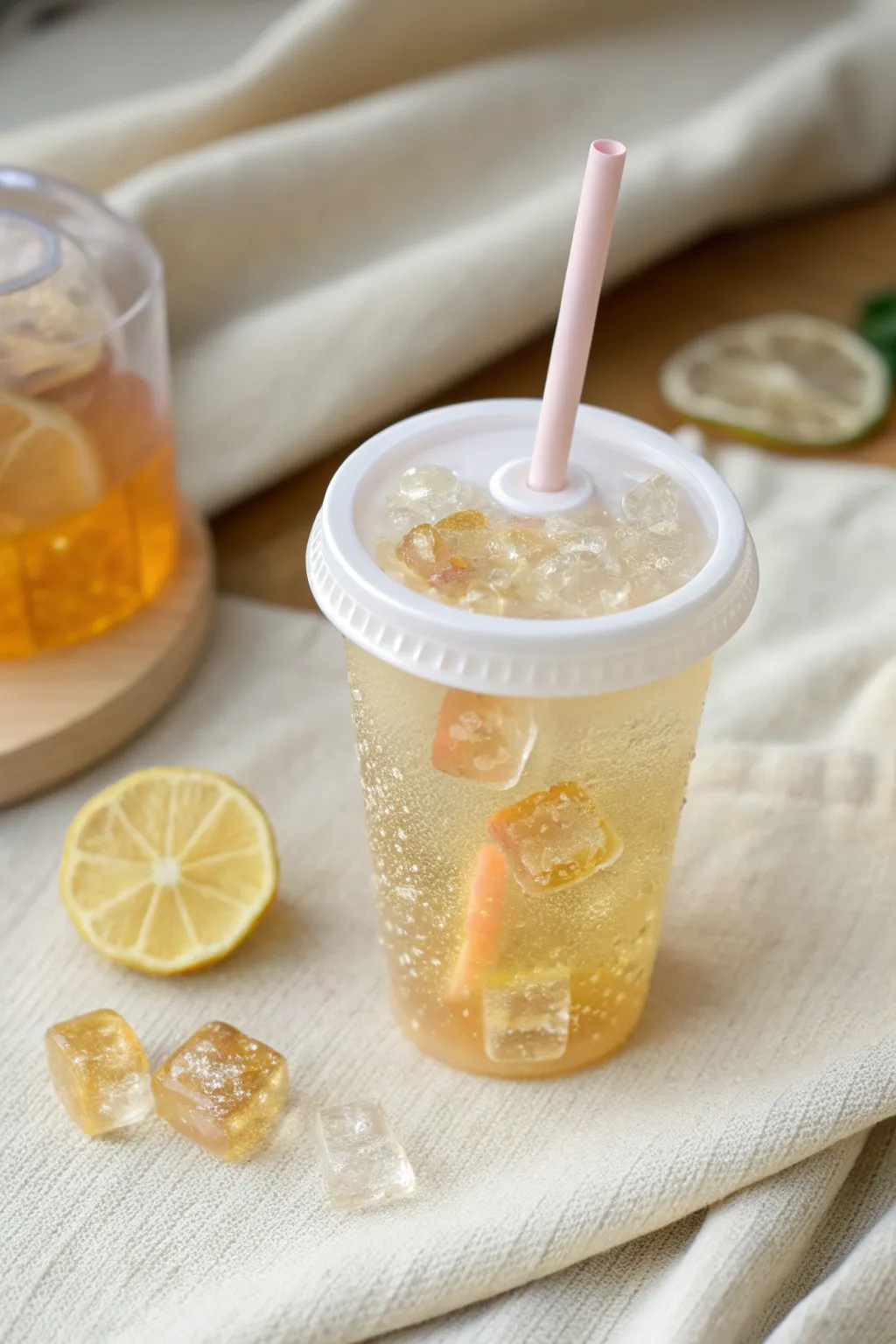 Tiny soda-style polymer clay cup with a citrus slice charm, shown next to a fingertip for scale