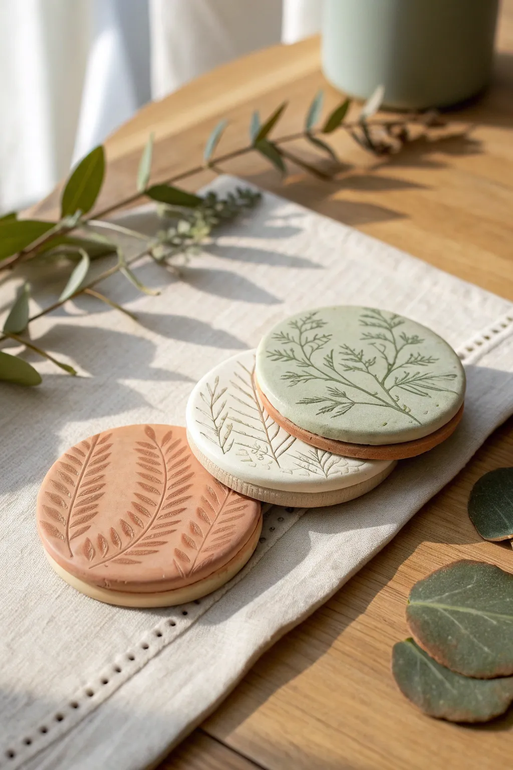 Soft earthy polymer clay coasters with botanical imprints, a simple handmade Mother’s Day gift