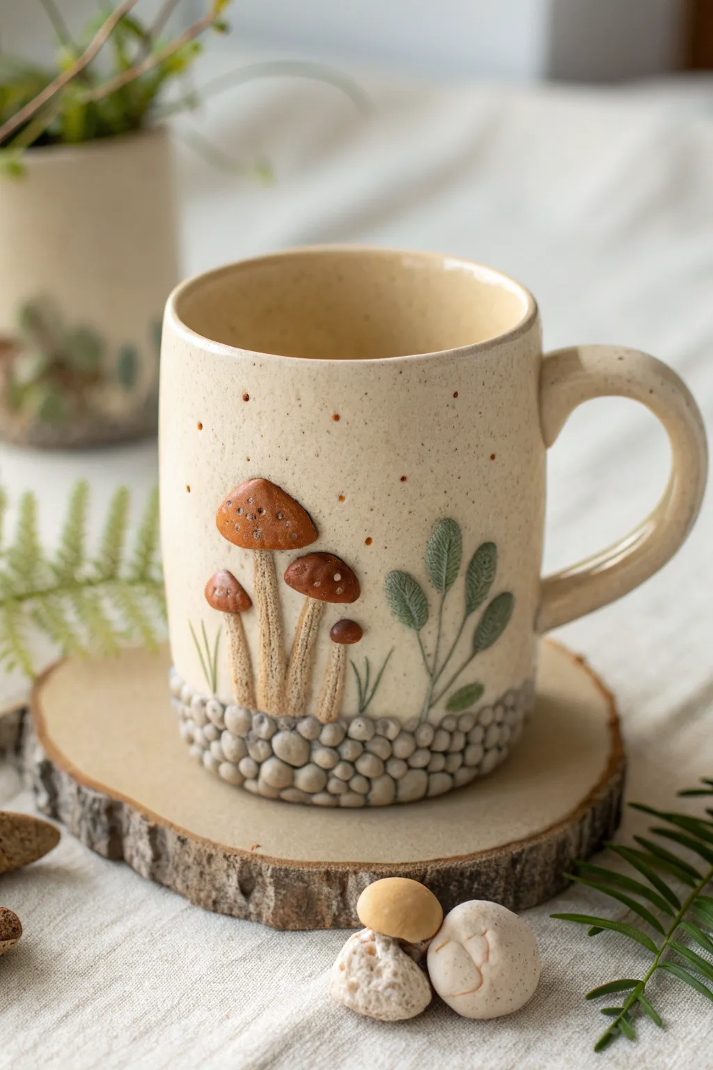 Cozy woodland polymer clay mug with tiny mushrooms and moss accents in earthy Scandinavian style