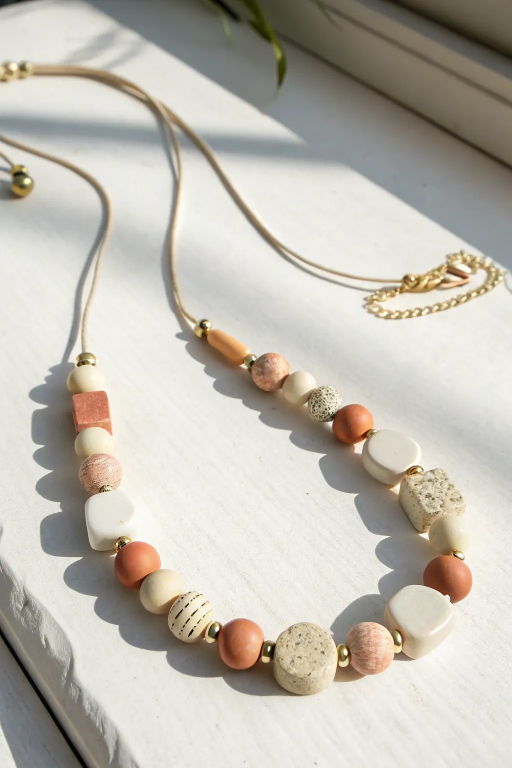 Mixed-shape polymer clay bead sampler necklace in soft neutrals for a modern boho look.