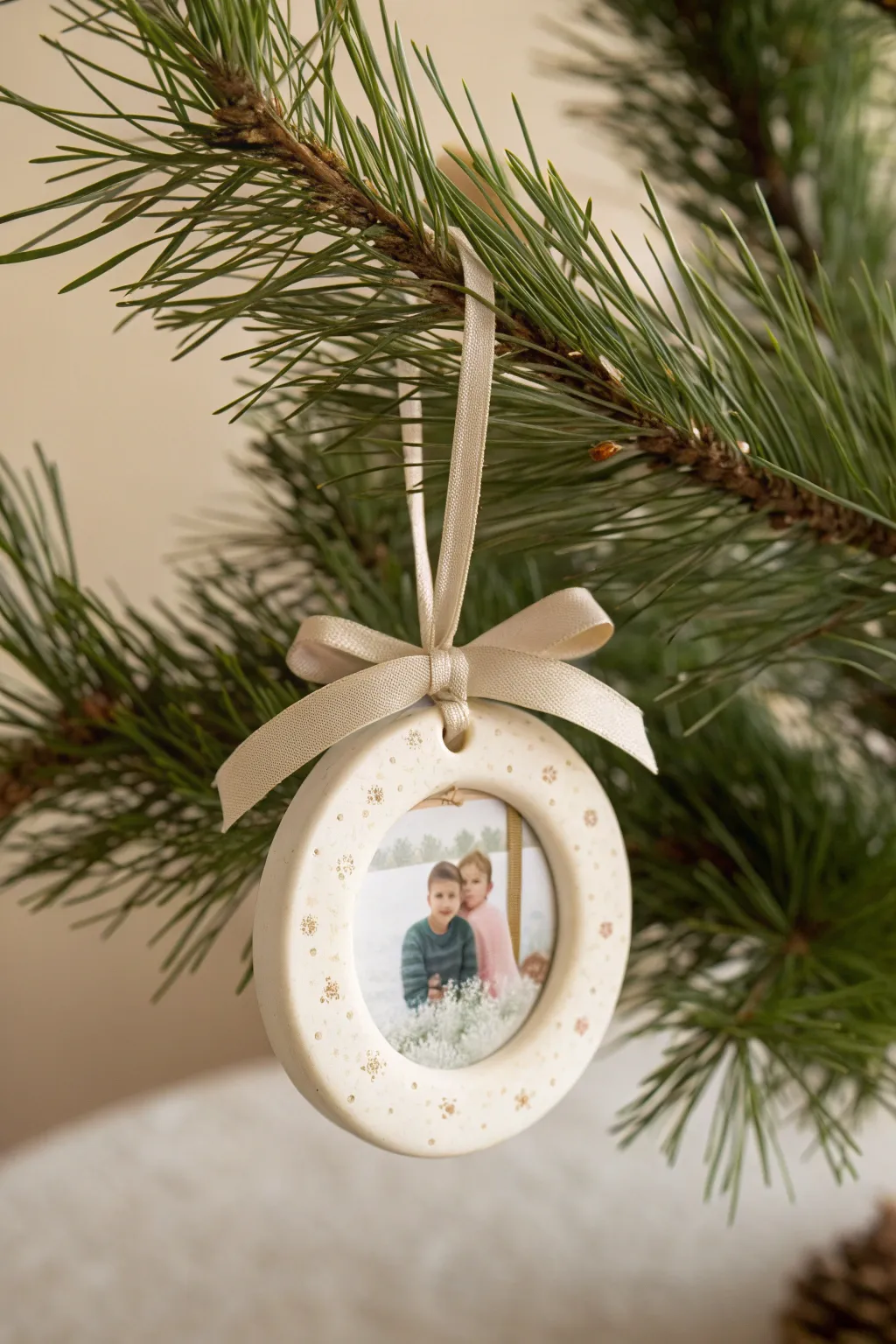 Simple polymer clay photo frame ornament with linen ribbon, minimalist keepsake for the tree