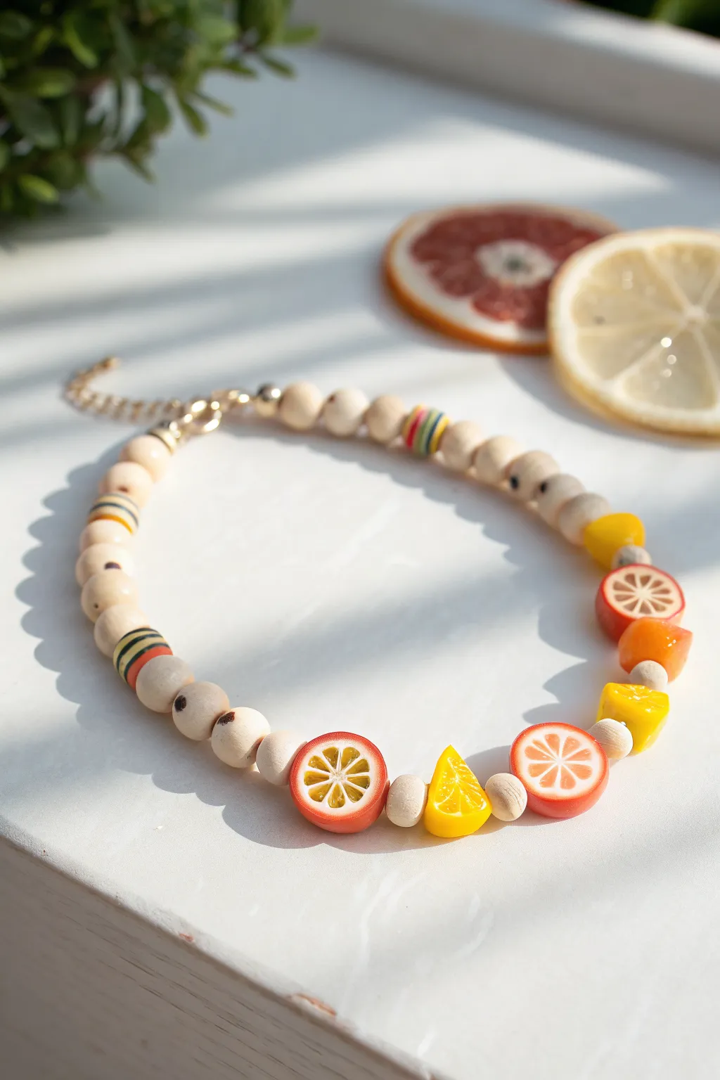Bright fruit-slice pop beads bring playful color to a minimalist polymer clay heishi bracelet.