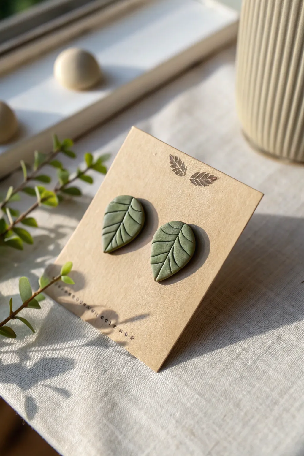 Simple sage leaf studs with a calm Nordic look, softly styled with greenery and natural contrast.