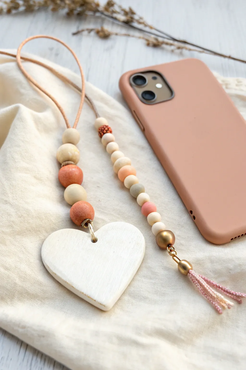 Sweet polymer clay beaded heart phone charm in blush tones with minimalist boho vibes