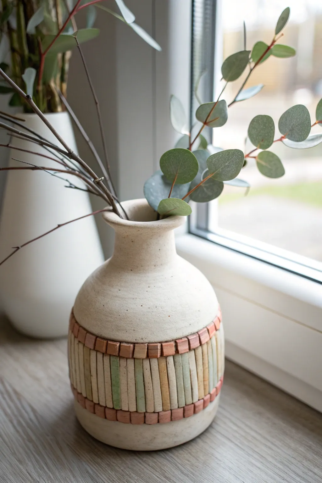 Tiny cane slice mosaic wrap vase with simple stems, minimalist boho styling and crisp contrast.