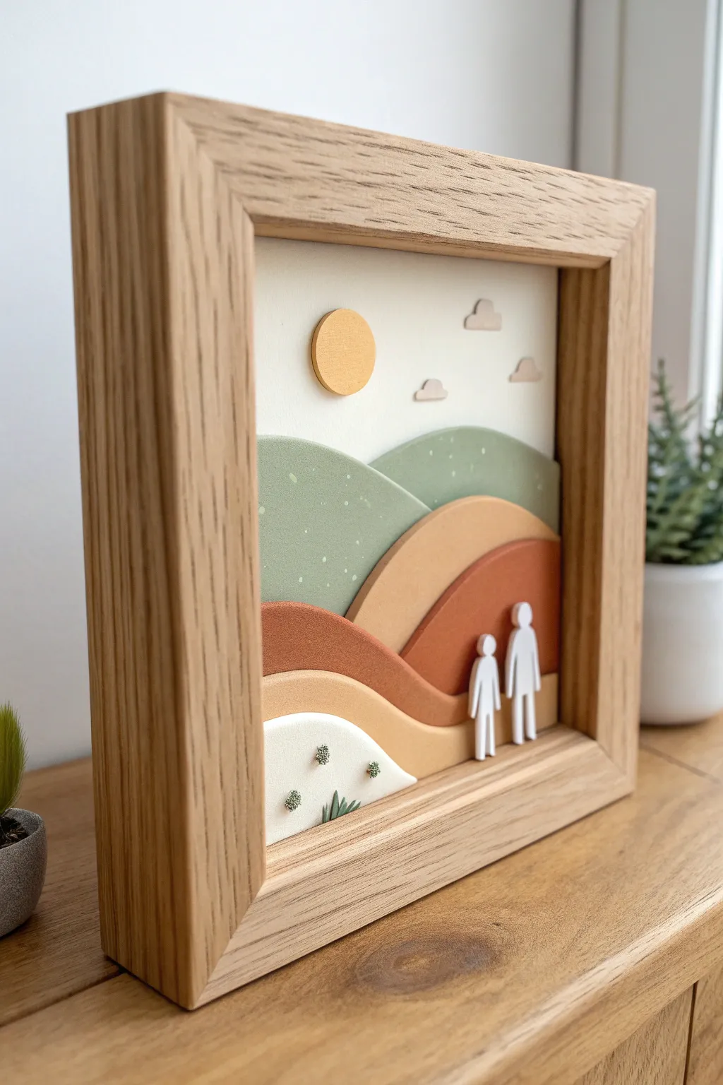 Minimal polymer clay shadow box mini scene with soft hills and sun, cozy Scandinavian boho vibe