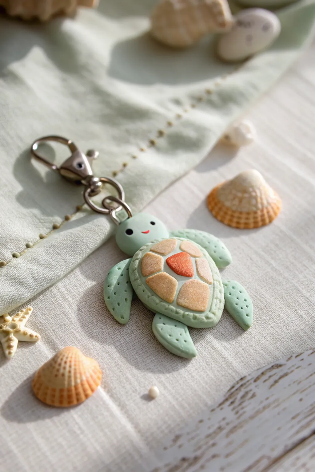 Heart-shell sea turtle charm in soft pastels, a simple cute polymer clay idea with coastal vibes