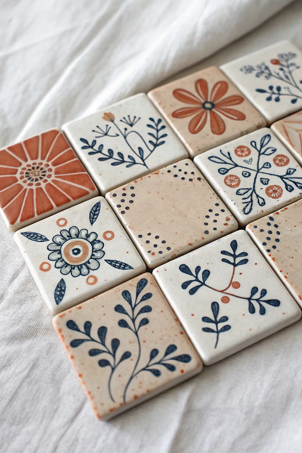 Mini porcelain tiles with simple painted folk motifs in a soft Scandinavian boho palette.