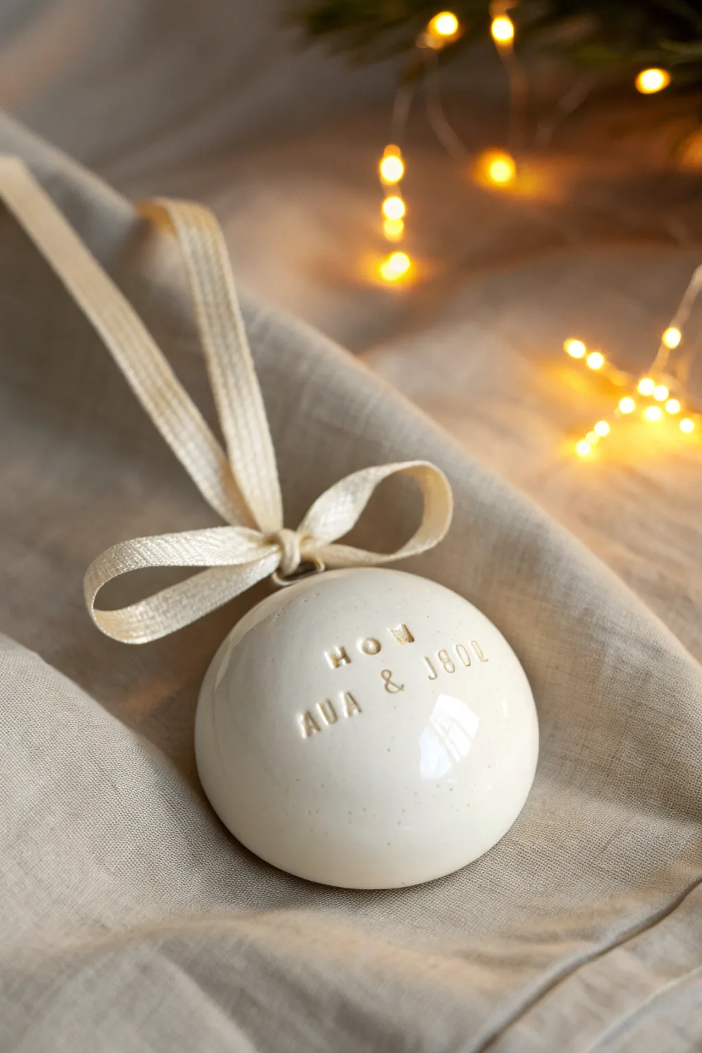 Minimal porcelain ornament with subtle personalization, a timeless keepsake for anniversaries.