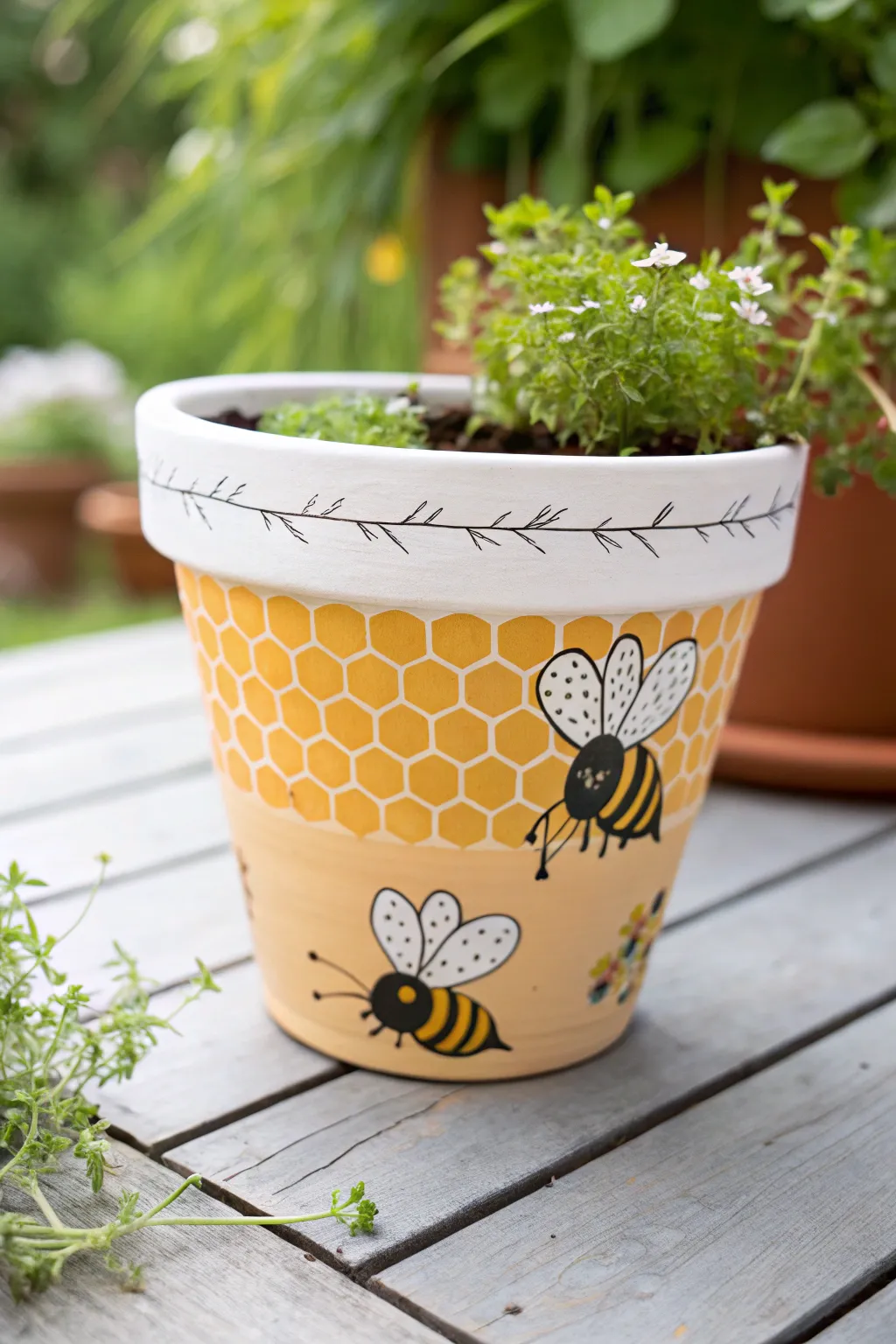 Bee and honeycomb painted pot that brightens your patio with simple, handmade charm.