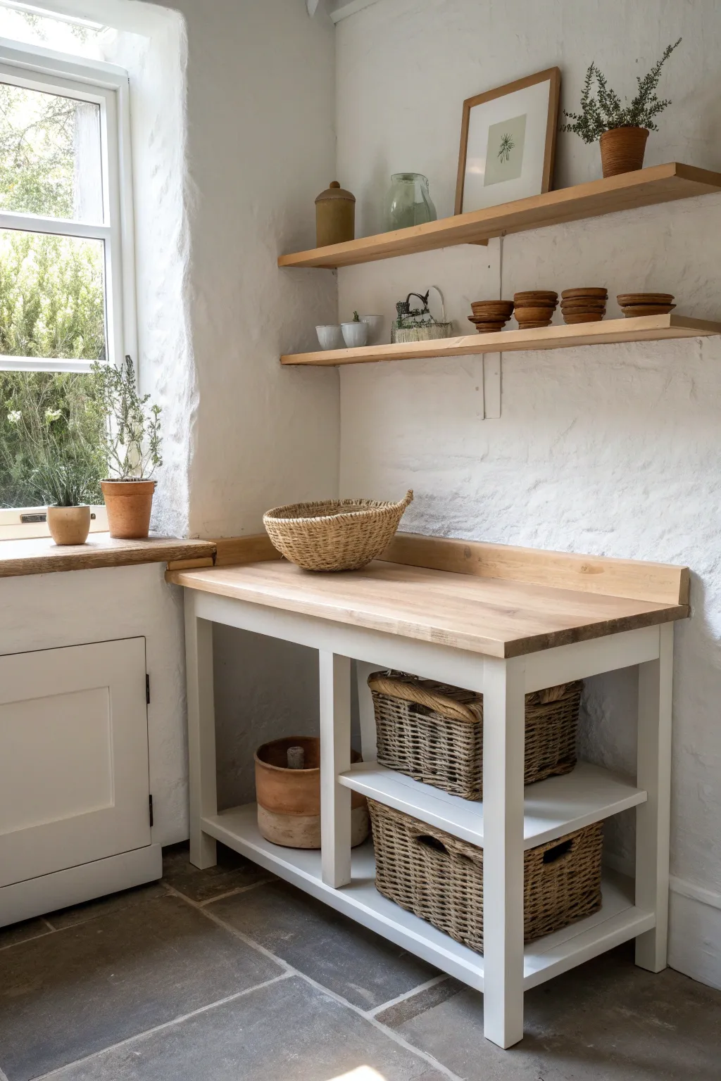 Space-smart corner potters bench with open worktop and airy shelves for drying pieces.